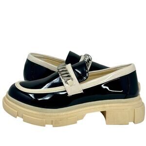 Patent Leather Silver Chain Accent Lug Sole 90s Y2K Loafers - BLACK & CREAM